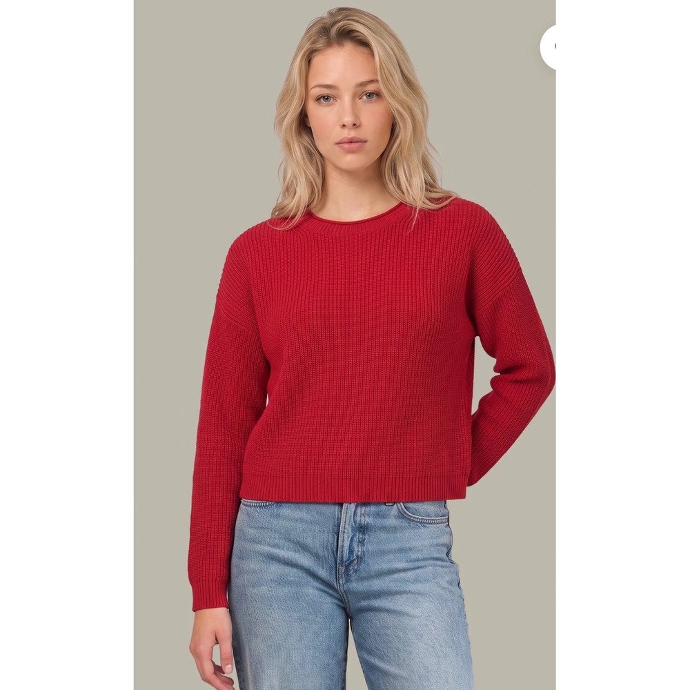 525 America Daphne Cropped Relaxed Crew Neck Pullover True Red Cotton Sweater